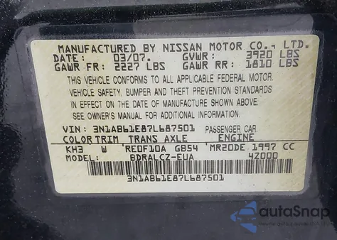 2007 Nissan Sentra 2.0 из США, поврежденный, VIN 3N1AB61E87L687501